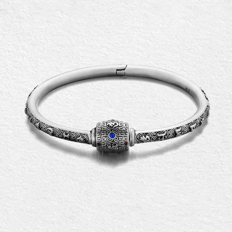 Buddha Stones990 スターリングシルバー チベットの吉兆の雲オーム・マニ・パドメ・フム彫刻 創造性 ブレスレット バングル