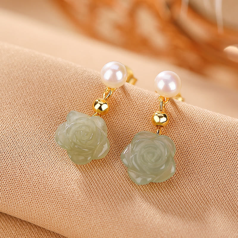 Buddha Stones 925スターリングシルバーメッキゴールド翡翠ローズフラワーシアン翡翠パール幸運イヤリング