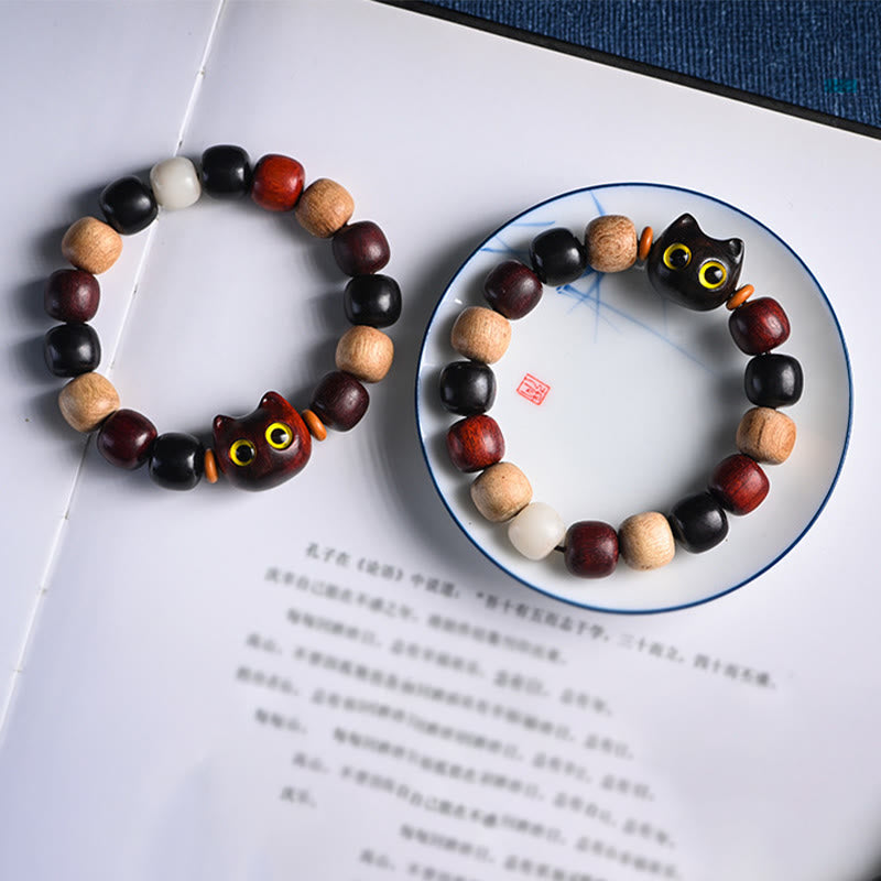 Buddha Stones小葉 紫檀 黒檀 かわいい猫 彫刻 守護ブレスレット
