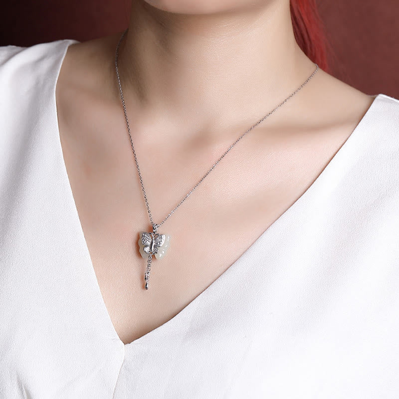 Buddha Stones 925スターリングシルバーメッキゴールド和田白翡翠バタフライ祝福ネックレスペンダント - image 11