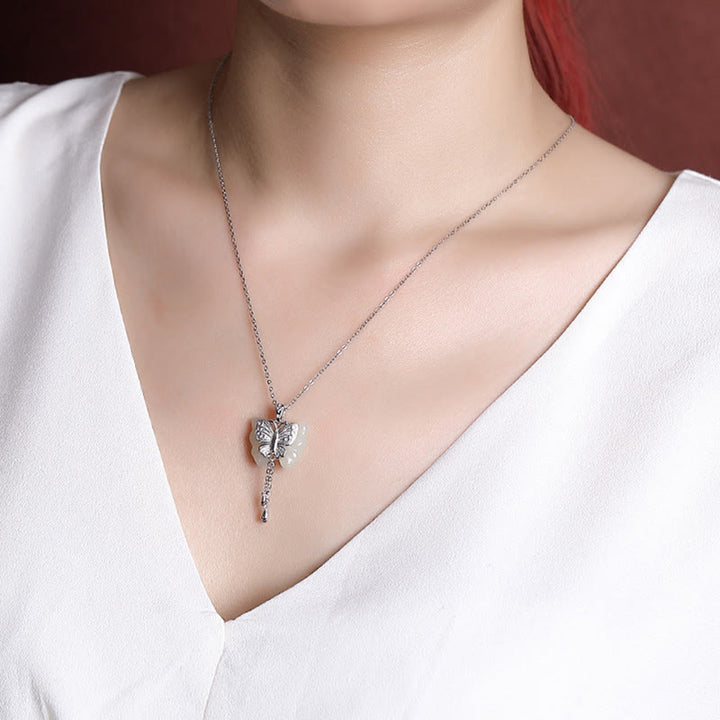 Buddha Stones 925スターリングシルバーメッキゴールド和田白翡翠バタフライ祝福ネックレスペンダント - image 11