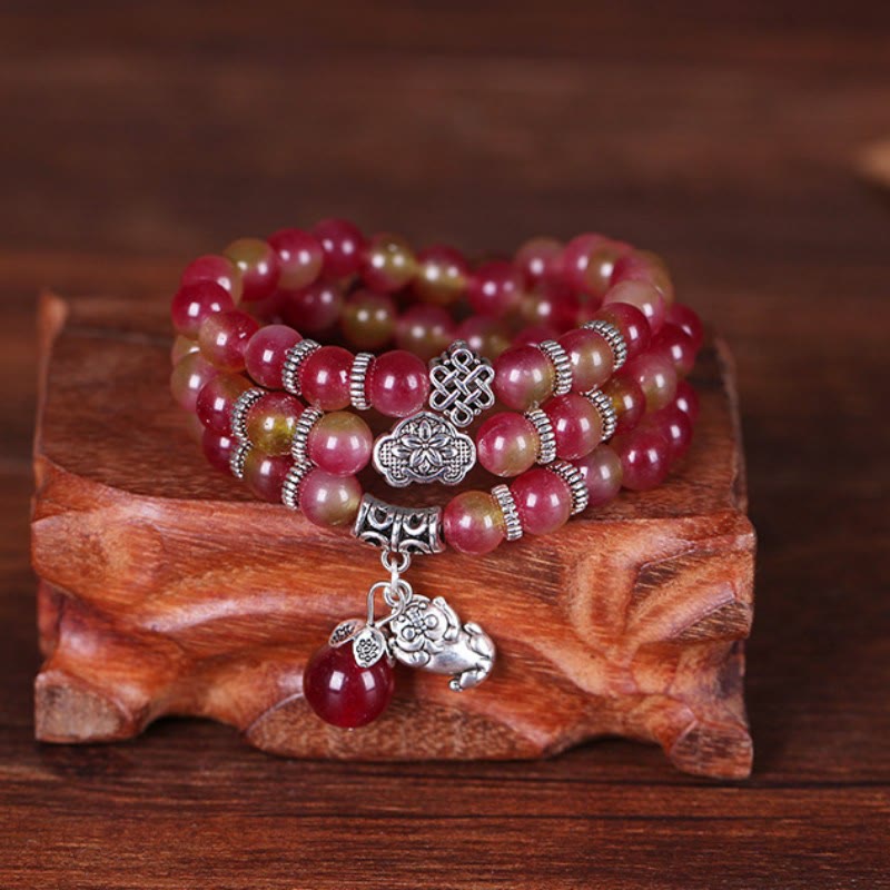 Buddha Stones天然スイカトルマリン貔貅象ポジティブトリプルラップブレスレット