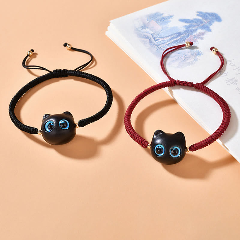 Buddha Stones、黒檀、猫の頭の模様、平和、キングコングの結び目、編み込みブレスレット - image 2