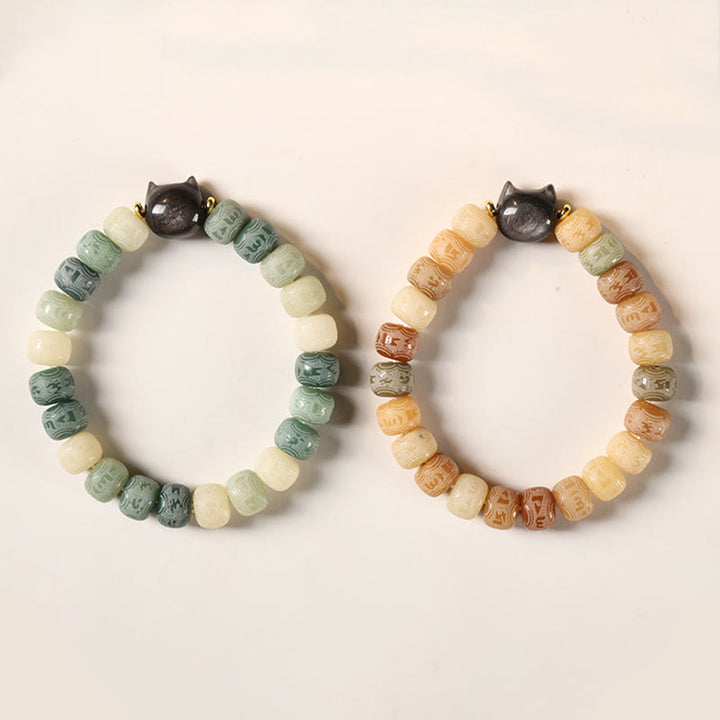 Buddha Stonesの銀光沢黒曜石猫の頭、オーム・マニ・パドメ・フムの彫刻入りハーモニーブレスレット - image 14