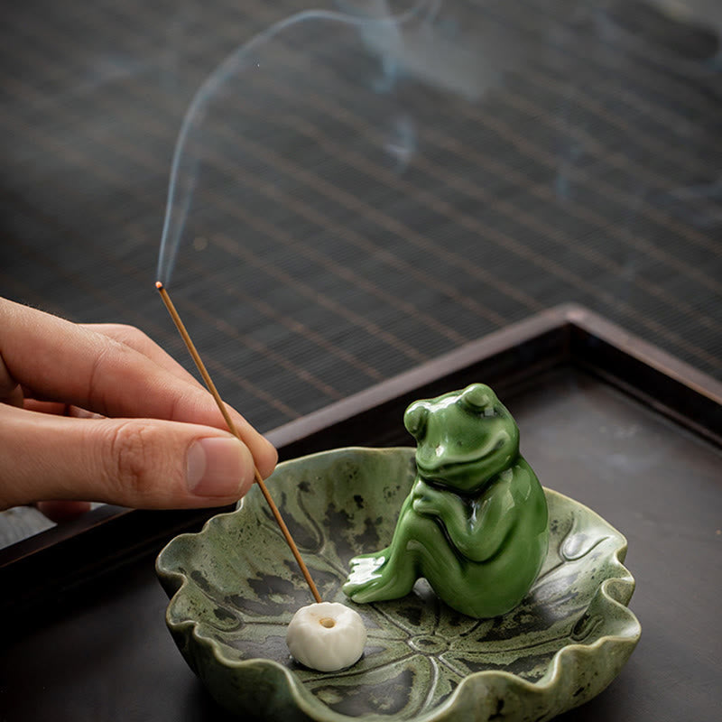 Buddha Stones葉 瞑想 カエル柄 癒し 陶器 香炉 装飾