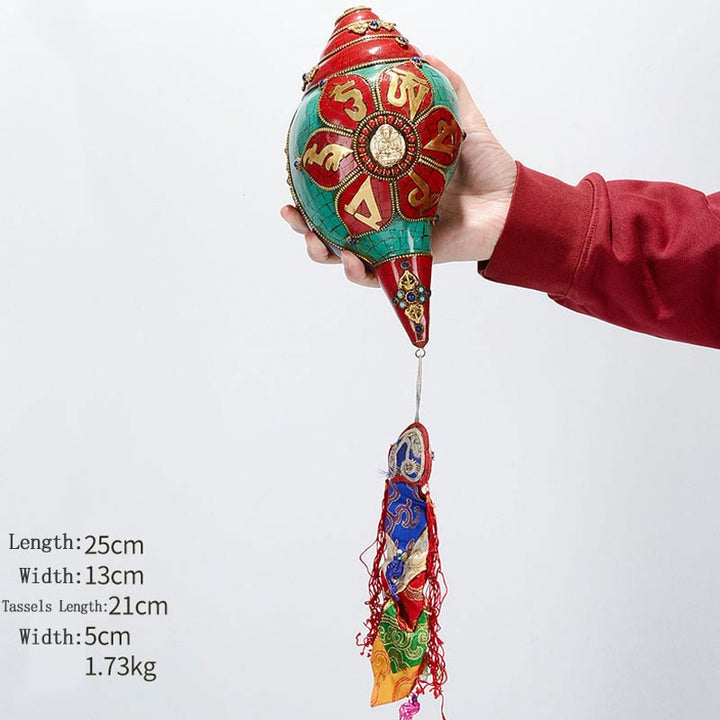 チベット手作り Shankha オーム・マニ・パドメ・フム Buddha Avalokitesvara ターコイズ コンクシェル ポジティブ装飾 - オーム・マニ・パドメ・フム四臂の観音菩薩 25*13cm - image 26