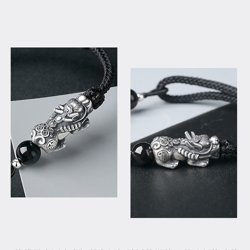 Buddha Stones999スターリングシルバー 風水 貔貅 天然黒曜石 925スターリングシルバー ビーズ 強度ブレスレット