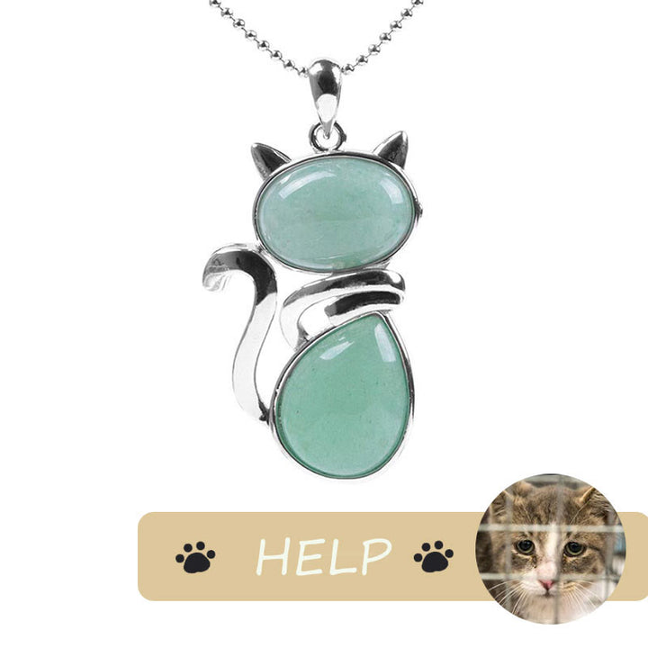 「Save A Cat」可愛い猫柄天然クリスタル守護猫愛ペンダントネックレス - グリーンアベンチュリン - image 3