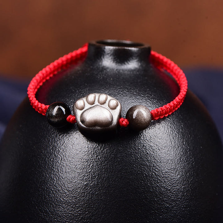 Buddha Stones天然銀光沢黒曜石 金光沢黒曜石 かわいい猫の足爪保護ロープブレスレット - image 3