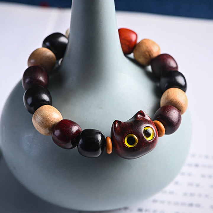 Buddha Stones小葉 紫檀 黒檀 かわいい猫 彫刻 守護ブレスレット