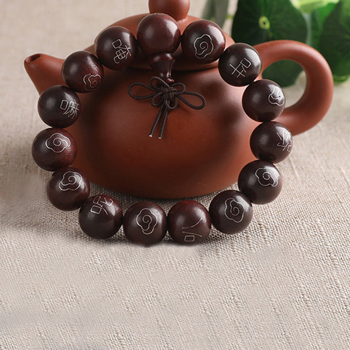 Buddha Stones925 スターリングシルバー 象嵌小葉 赤白檀Om Mani Padme Humキャラクター 縁起の良い雲 保護ブレスレット