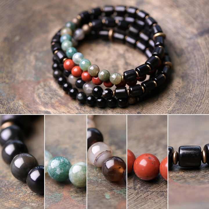 Buddha Stones、黒檀、赤ジャスパー、苔瑪瑙、水晶、銅、平和のカップルブレスレット