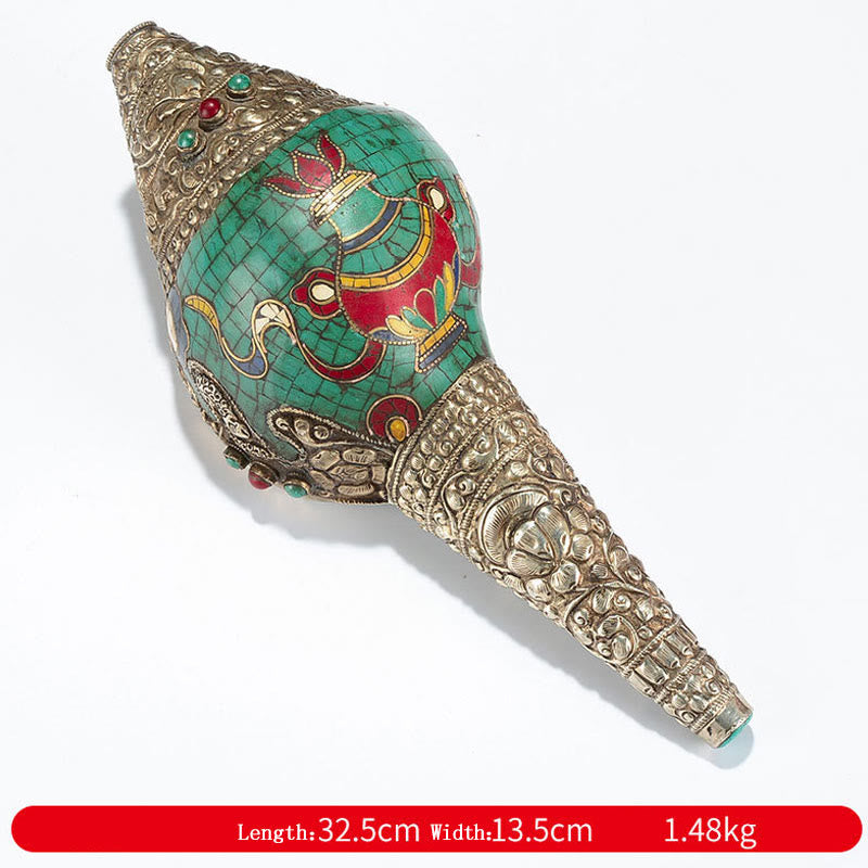 チベット手作り Shankha Om Mani Padme Hum Buddha Avalokitesvara ターコイズ コンクシェル ポジティブ装飾