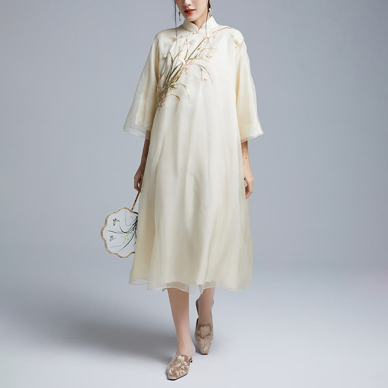 Buddha Stones 100% マルベリーシルク 6匁 ドレス ヴィンテージ フラワー バタフライ 刺繍 チーパオ ドレス レディース チャイナドレス - image 5