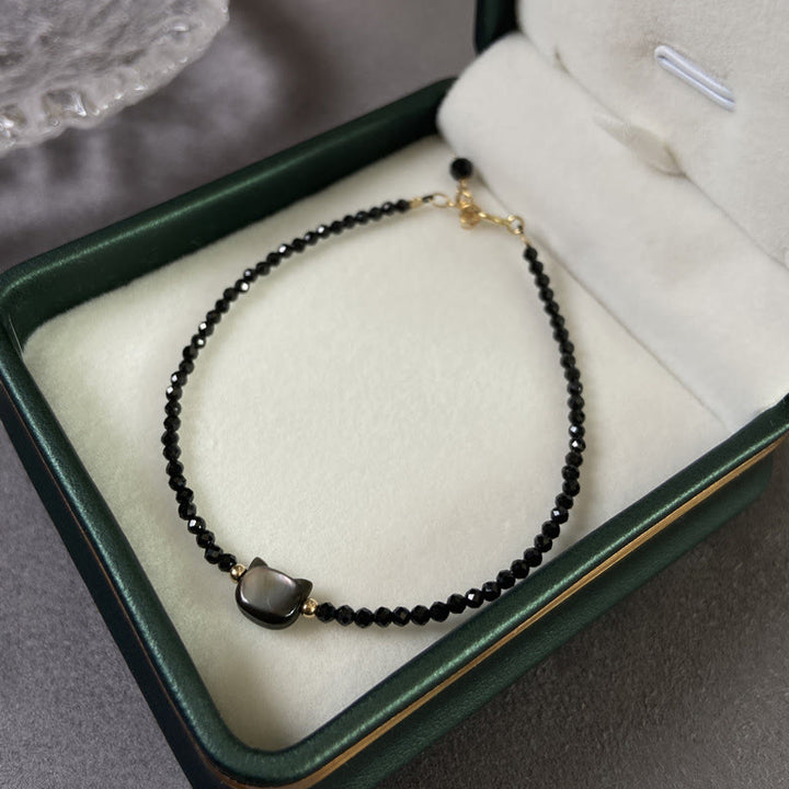Buddha Stones14Kゴールドメッキ ブラックスピネル ホワイトクリスタル キュートキャット シャコガイ ヒーリングブレスレット - image 2