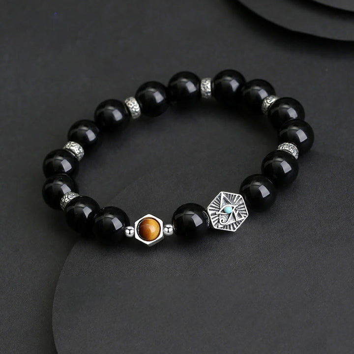 Buddha Stones925 スターリングシルバー ブラックオブシディアン タイガーアイ プロビデンスの目 浄化ブレスレット