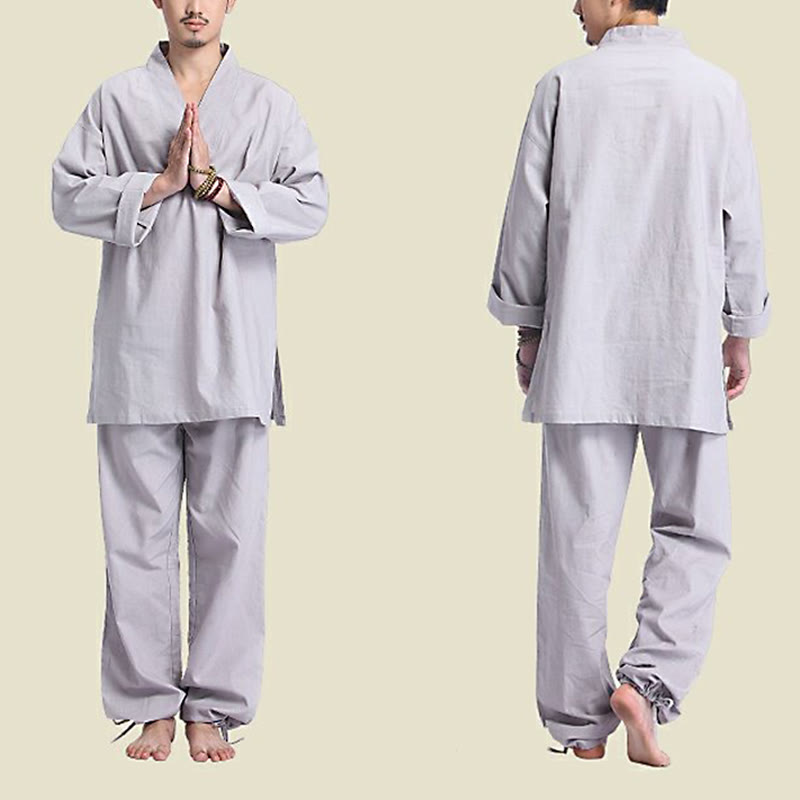 Buddha Stones瞑想祈りVネックデザインコットンリネンスピリチュアル禅練習ヨガウェアメンズセット - image 12