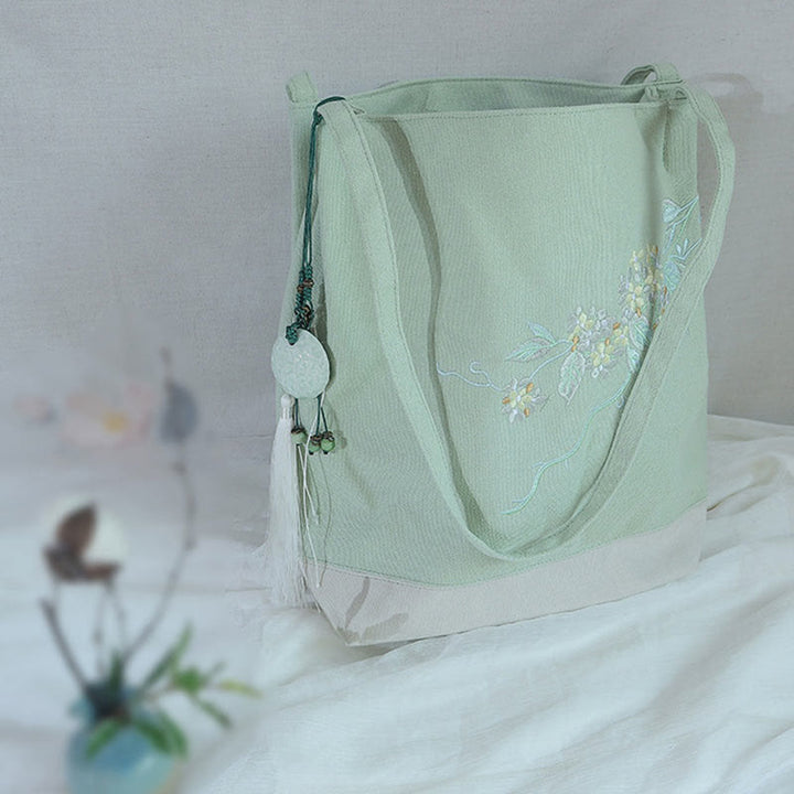 Buddha Stones鶴 梅 刺繍 キャンバス 大容量 ショルダーバッグ トートバッグ