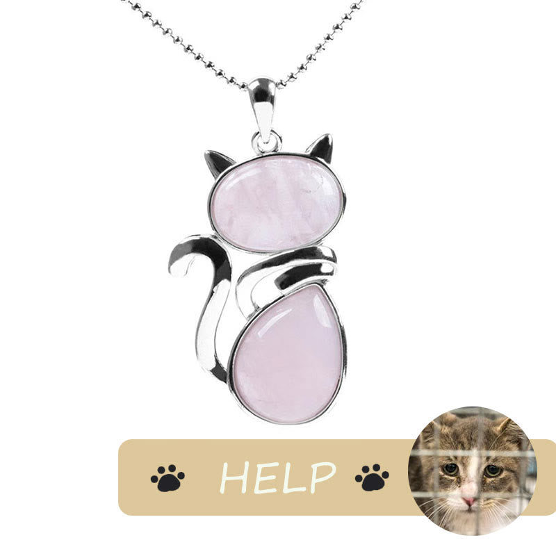 「Save A Cat」可愛い猫柄天然クリスタル守護猫愛ペンダントネックレス - ローズクォーツ - image 8