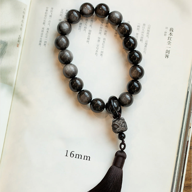 Buddha Stones天然銀光沢黒曜石 黒曜石 ライオン手首Mala保護タッセル ポケットMala車の装飾