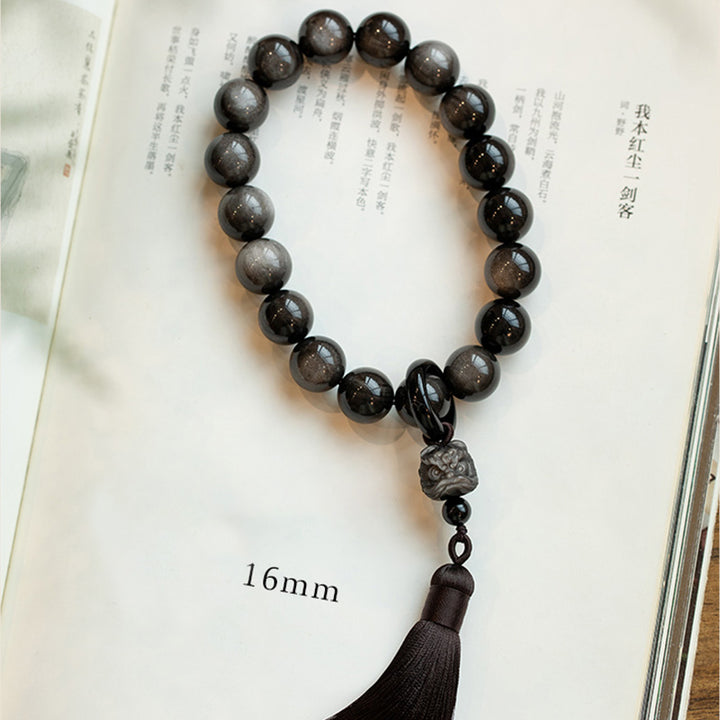 Buddha Stones天然銀光沢黒曜石 黒曜石 ライオン手首Mala保護タッセル ポケットMala車の装飾
