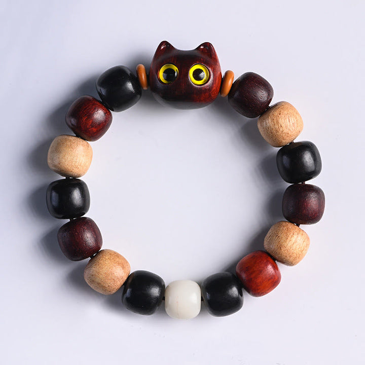 Buddha Stones小葉 紫檀 黒檀 かわいい猫 彫刻 守護ブレスレット