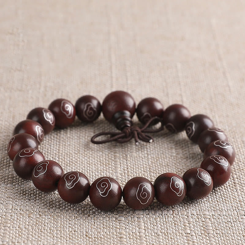 Buddha Stones925 スターリングシルバー 象嵌小葉 赤白檀Om Mani Padme Humキャラクター 縁起の良い雲 保護ブレスレット