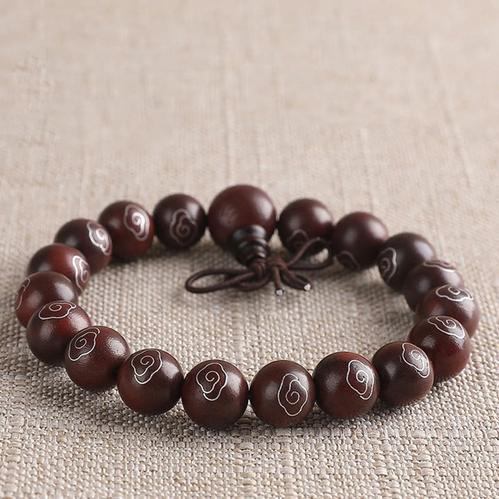Buddha Stones925 スターリングシルバー 象嵌小葉 赤白檀Om Mani Padme Humキャラクター 縁起の良い雲 保護ブレスレット