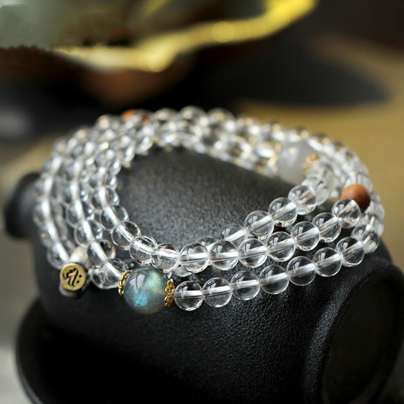 Buddha Stones925スターリングシルバー十二支誕生仏ホワイトクリスタル 瞑想 トリプルラップブレスレット - 犬/豚-阿弥陀仏 - image 0