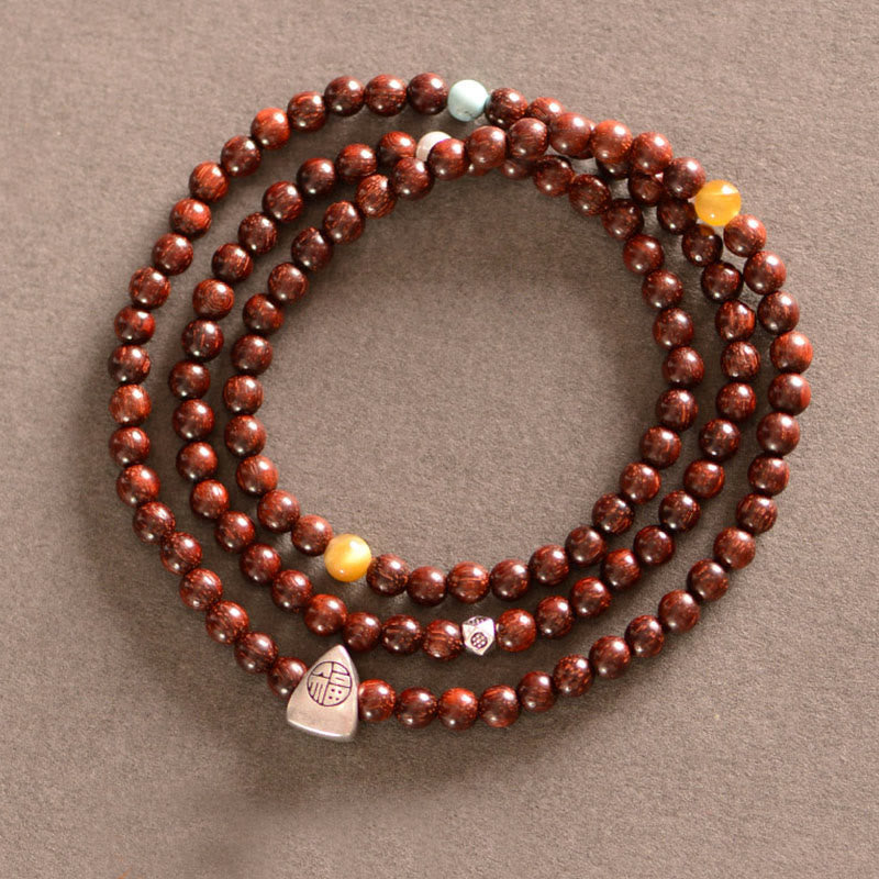 Buddha Stones925スターリングシルバー インド産小葉レッドサンダルウッド フーキャラクタープロテクショントリプルラップブレスレット