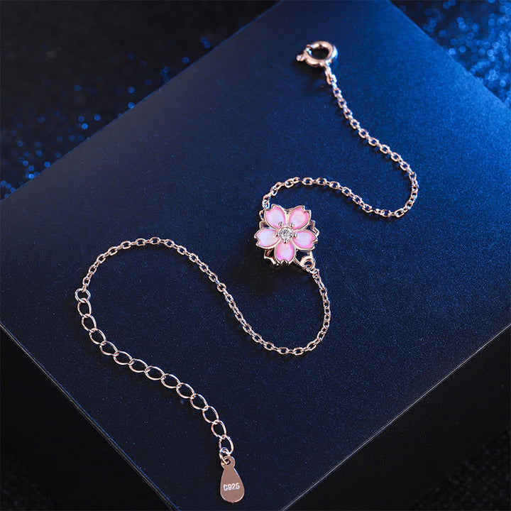 Buddha Stones925スターリングシルバー 桜の祝福チェーンブレスレット 回転リング