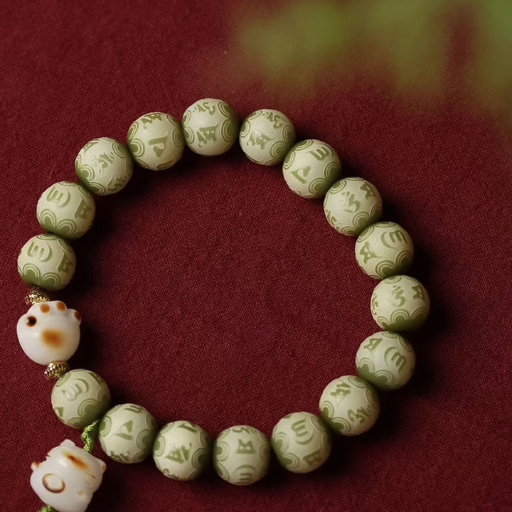 Buddha Stonesグリーン菩提樹の種 猫の足跡 オム・オーム・マニ・パドメ・フム刻印入り 知恵のブレスレット - image 9