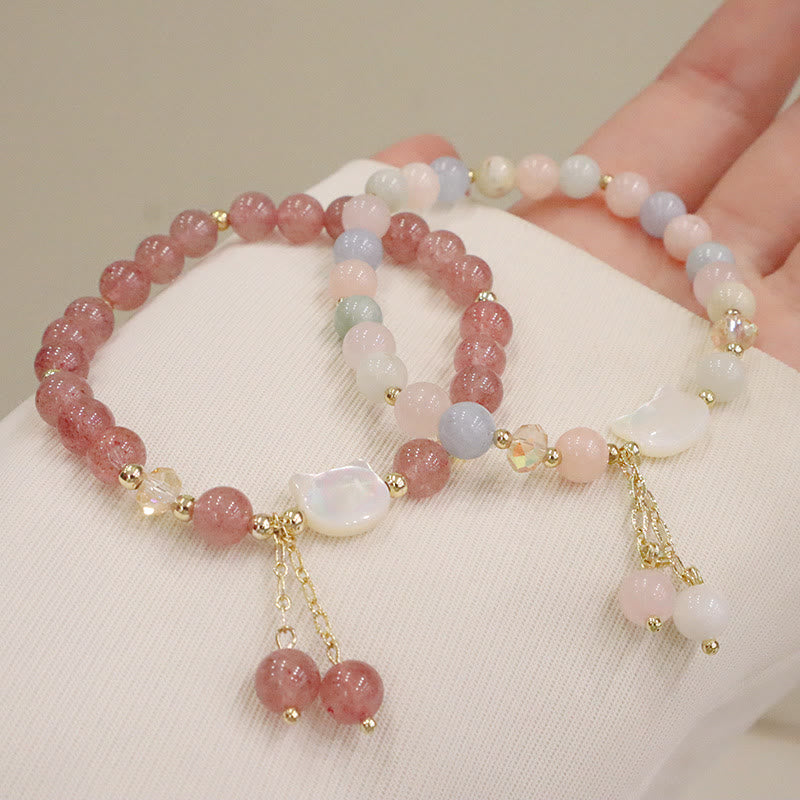 Buddha Stones天然ストロベリークォーツ モルガナイト シャコガイ 猫の愛のブレスレット - image 2