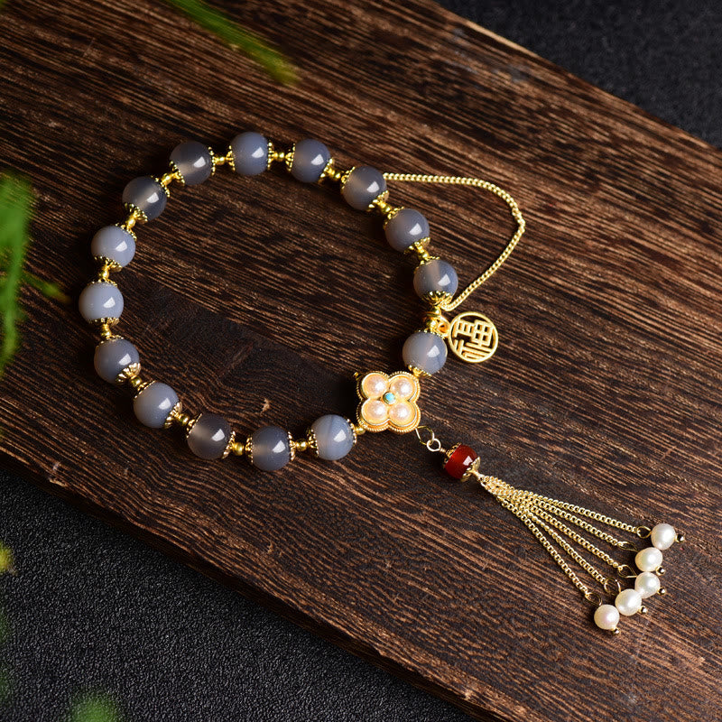 Buddha Stones天然グレー瑪瑙フーキャラクターパールタッセルバランスブレスレット