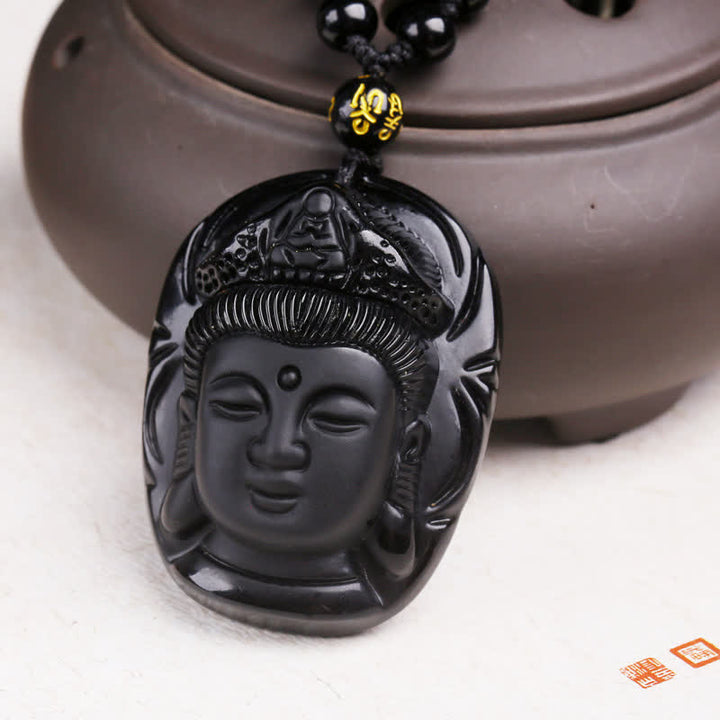 Buddha Stones天然黒曜石 観音菩薩 強さの紐ネックレスペンダント - image 9