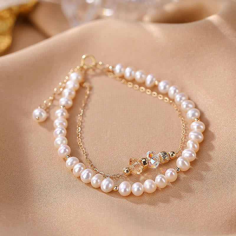 Buddha Stones 925スターリングシルバーメッキ 14Kゴールド 天然パールクリスタル ヒーリング ダブルレイヤーブレスレット - image 2