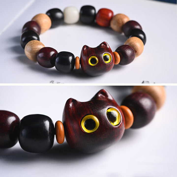 Buddha Stones小葉 紫檀 黒檀 かわいい猫 彫刻 守護ブレスレット