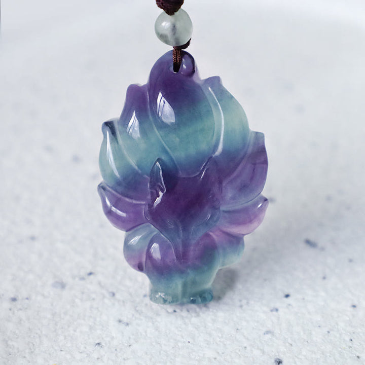 Buddha Stones天然蛍石ゴールド光沢黒曜石フォックスペンダント保護ネックレス - image 2
