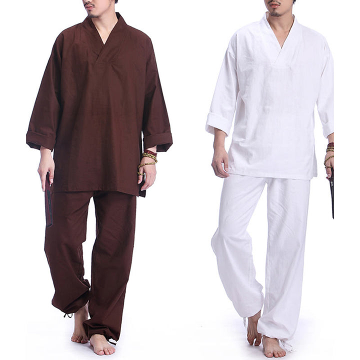 Buddha Stones瞑想祈りVネックデザインコットンリネンスピリチュアル禅練習ヨガウェアメンズセット - image 19