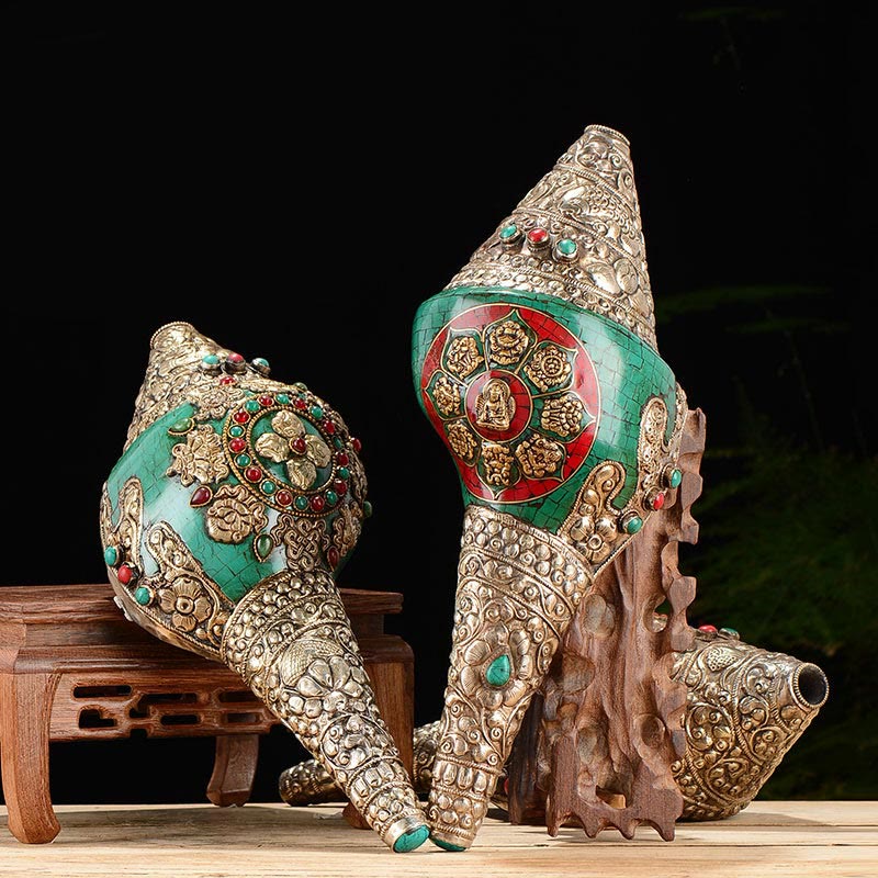 チベットの手作り彫刻シャンカダブルドルジェ仏法螺貝富のポジティブな装飾 - image 1