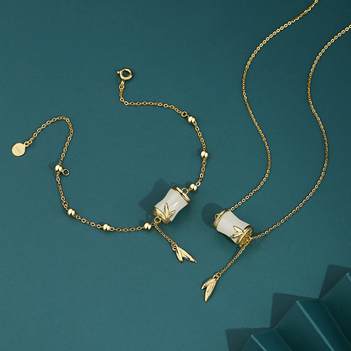 Buddha Stones 925スターリングシルバー 22Kゴールド 和田白翡翠 竹の葉 幸運のネックレス ペンダント ブレスレット - image 0