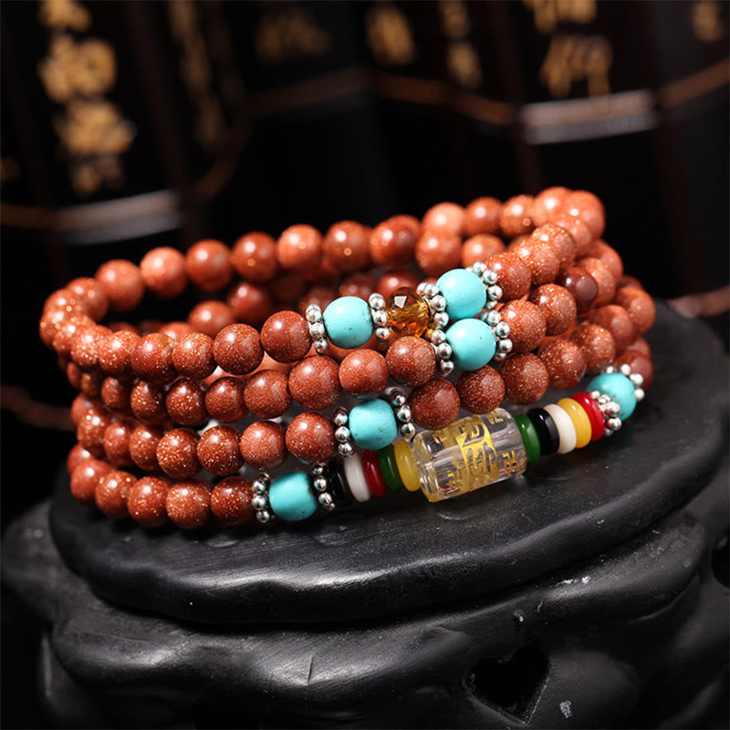 Buddha Stones 108Malaビーズ ゴールドストーンOm Mani Padme Humスワスティカ 自信のブレスレット