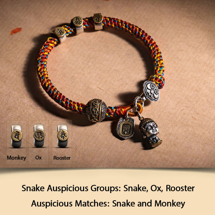 Buddha Stonesハンドメイド チベット 925 スターリングシルバー十二支誕生仏ザキラム 富の守護女神 マルチカラー ロープ編みブレスレット