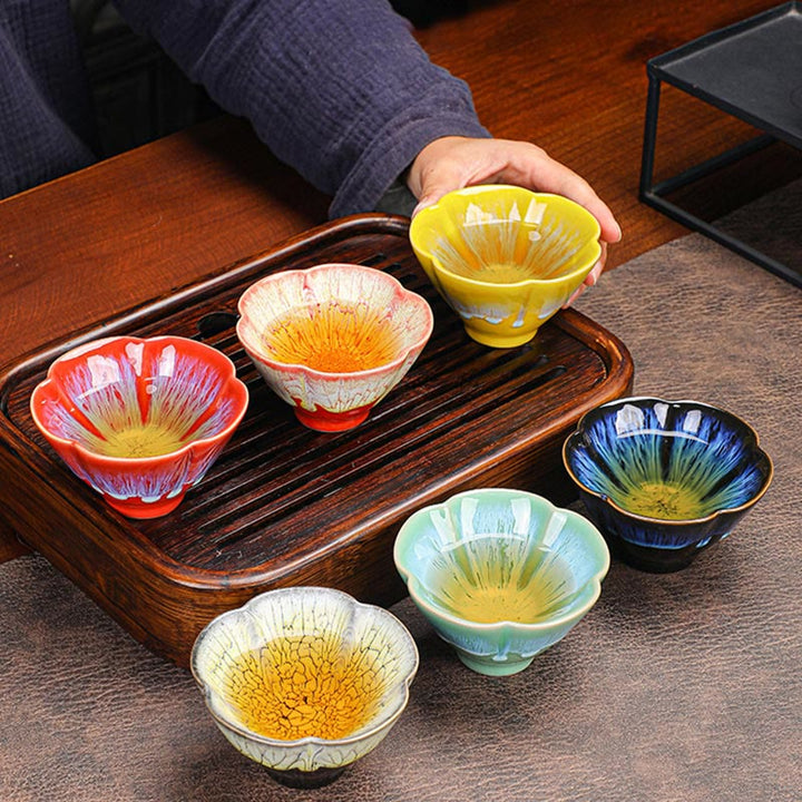 Buddha Stones6個 梅の花びら模様 中国 Jianzhan 窯変 陶器 ティーカップ カンフー ティーカップ ボウル ギフトボックス付き