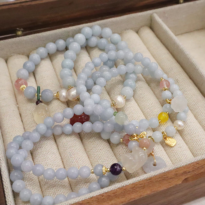 Buddha Stones天然アクアマリン カルセドニー セレニティ ウサギ ひょうたん 猫 チャームブレスレット - image 15