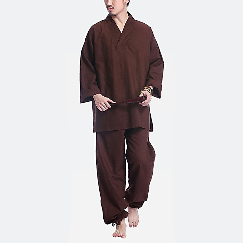 Buddha Stones瞑想祈りVネックデザインコットンリネンスピリチュアル禅練習ヨガウェアメンズセット - image 3
