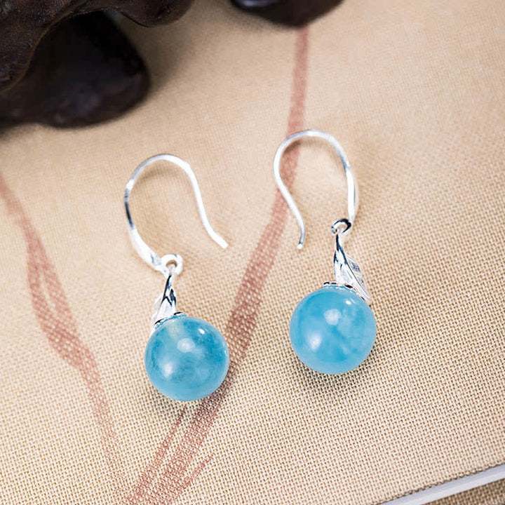 Buddha Stones 925スターリングシルバー 天然アクアマリン リーフフラワー ピース イヤリング ネックレス