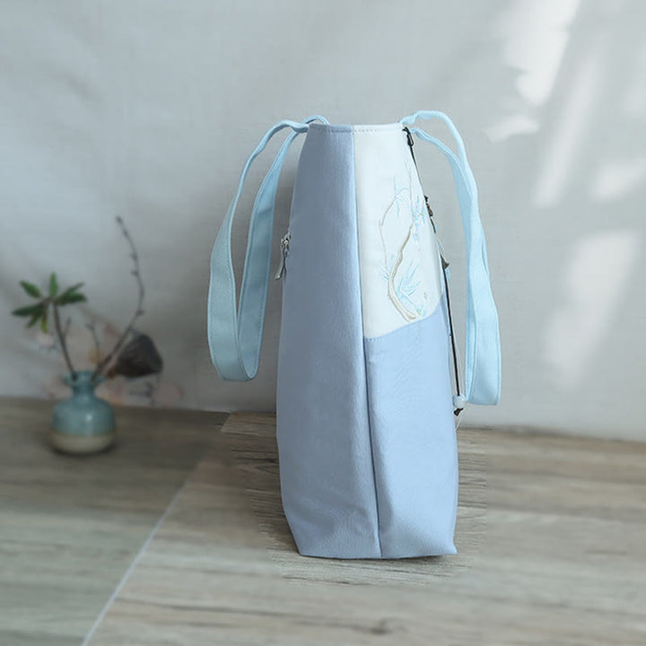 梨花 梅 桃の花 竹刺繍 キャンバス 大容量 ショルダーバッグ トートバッグ