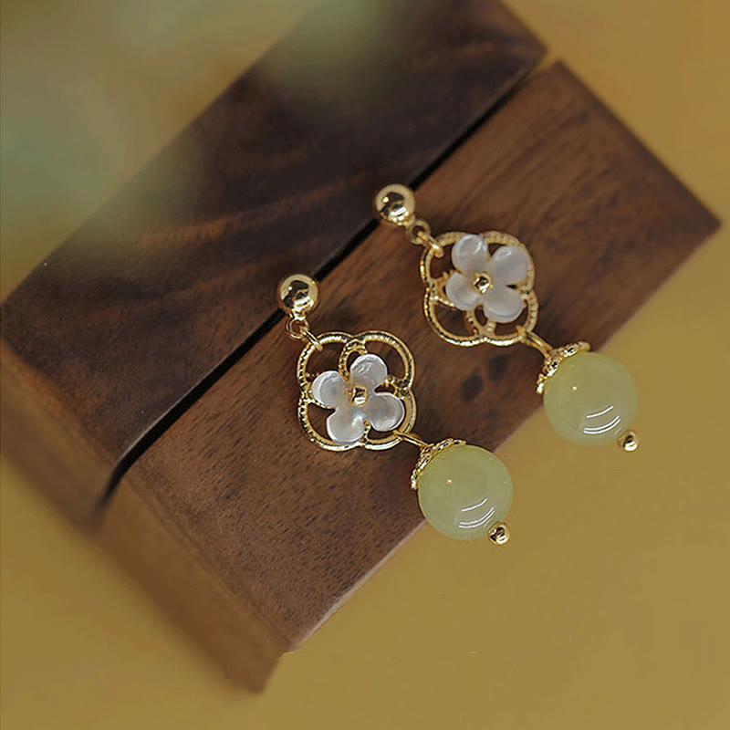 Buddha Stonesシャコガイ 石花 翡翠ビーズ 祝福 ドロップイヤリング