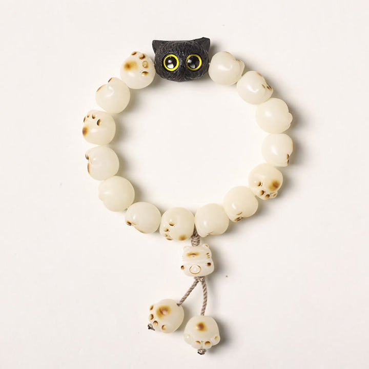 Buddha Stones天然菩提樹 愛らしい足跡黒檀招き猫 知恵のブレスレット - 白菩提種子 - タッセルバージョン（手首周り14～15cm） - image 18